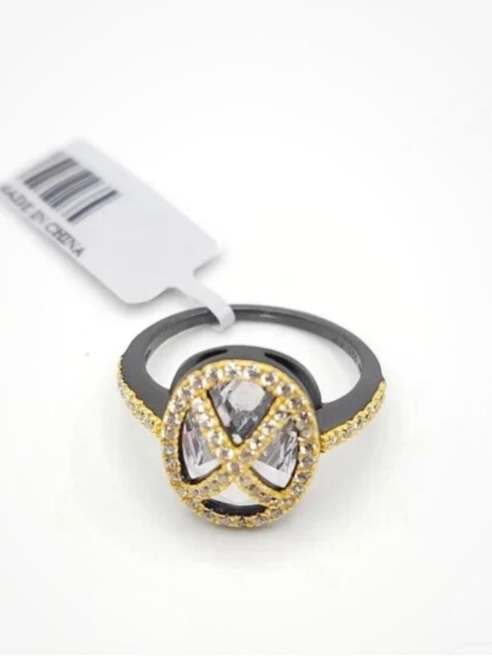 Black and Gold Crystal Circle Ring with Clear Stones